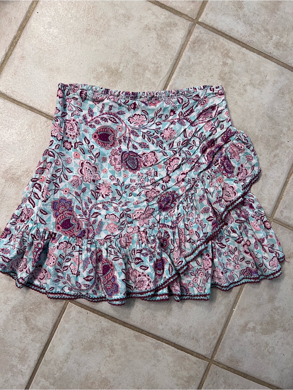 Poupette St. Barth Floral Ruffle Mini Skirt in Light Blue and Pink S